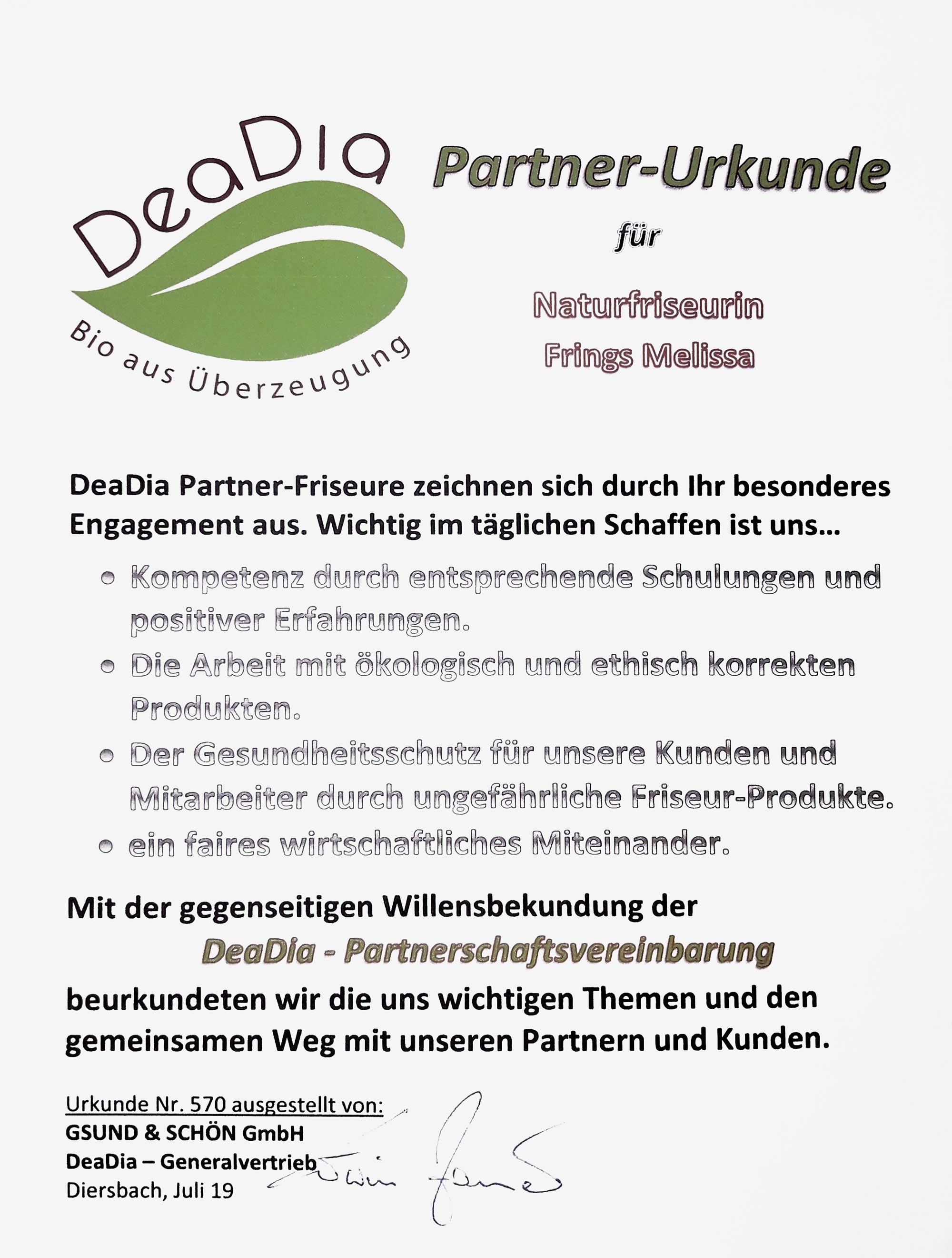 DeaDia Partner Urkunde - Naturfriseurin Melissa Frings Aachen